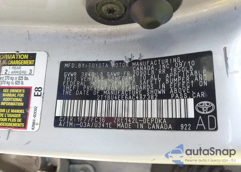 2010 Toyota Corolla Le from USA, damaged, VIN 2T1BU4EE6AC487382